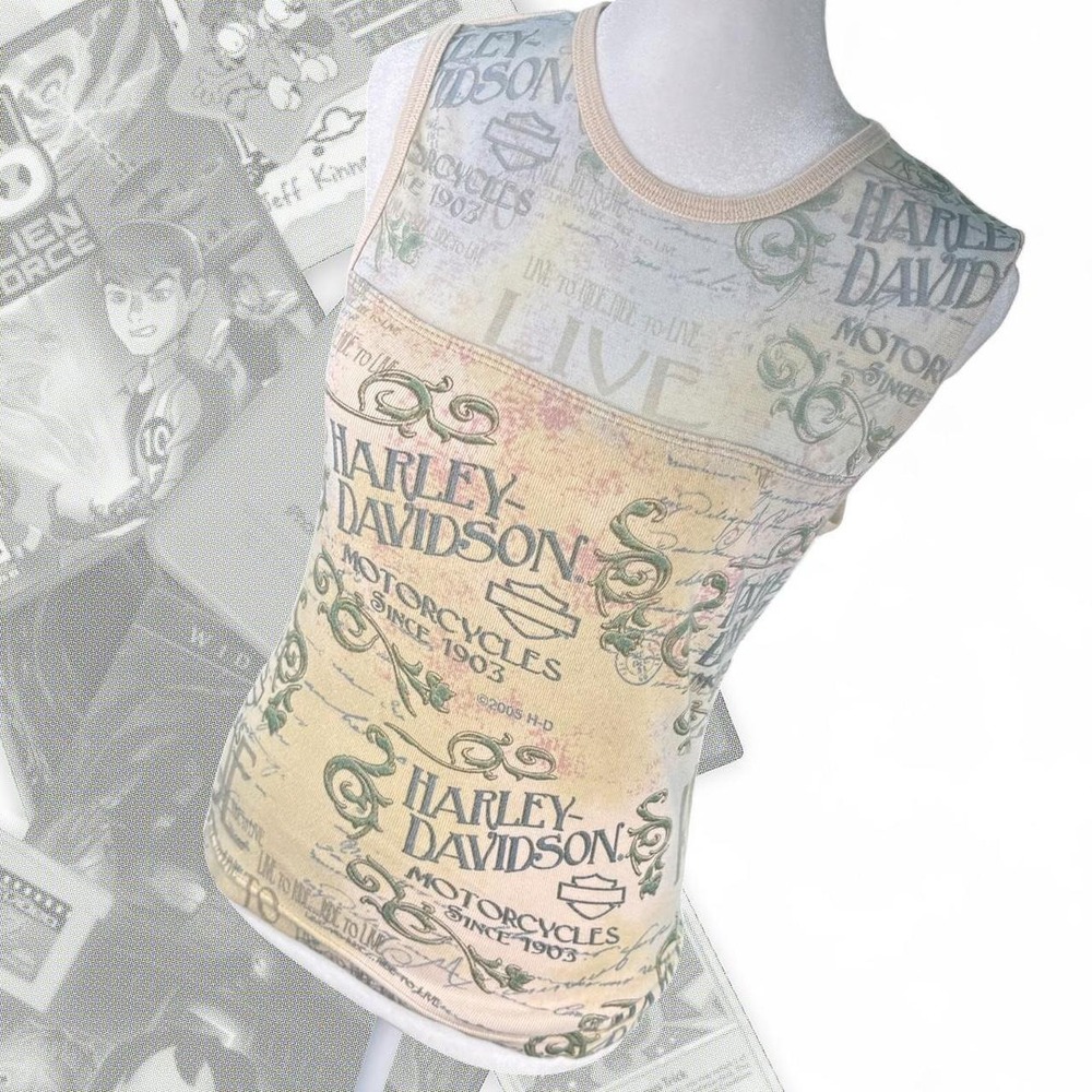 Vintage Harley Davidson Y2K Cream AOP Fishnet Graphic Tank Top Womens M
